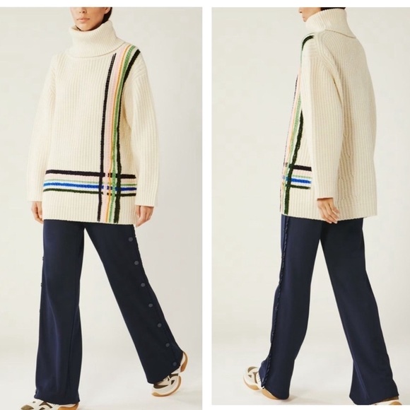Tory Burch Sport Merino Wool Hand Embroidered Striped Turtleneck Sweater ✨ XS - Picture 5 of 7